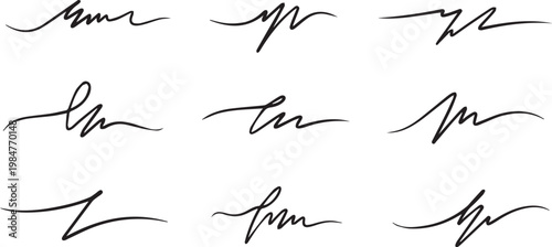 Abstract scribble signature elements featuring minimal ink lines and expressive handwriting strokes for contemporary art design.