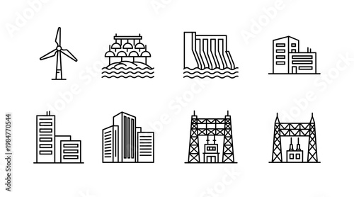 Renewable Energy and Sustainable Power Plant Infrastructure Line Icons Set, Including Wind Turbine, Hydroelectric Dam, Solar Panels and Electric Towers