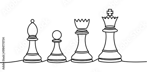 Continuous line drawing of four chess pieces including bishop pawn queen and king