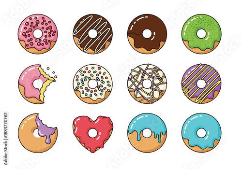 Delicious Donut Collection with Different Flavors Glazing and Toppings, Sweet Dessert Pastry Icons Set with Chocolate Strawberry Pistachio and Sprinkles