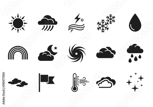 Weather Forecast Silhouette Icons Set, Sun, Rain, Storm, Snow, Humidity, Rainbow, Wind, Temperature and Hurricane Meteorological Vector Symbols Pack