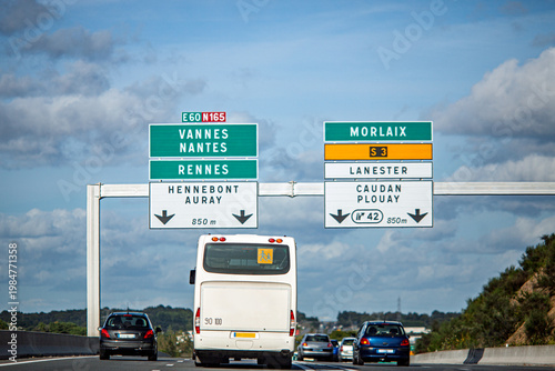 Brittany E60 N165 Highway Signs Guiding Drivers to French Cities