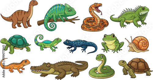 Cartoon Reptiles and Amphibians Vector Set Featuring Crocodile Snake Turtle Frog Dinosaur Chameleon Lizard and Snail for Educational Wildlife Illustration