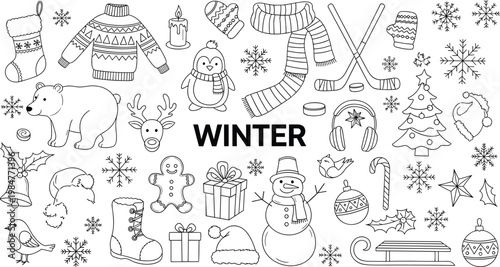 Winter and Christmas Hand Drawn Doodle Vector Set Featuring Snowman Polar Bear Penguin Seasonal Clothing Holiday Decor and Snowflakes for Festive Celebration