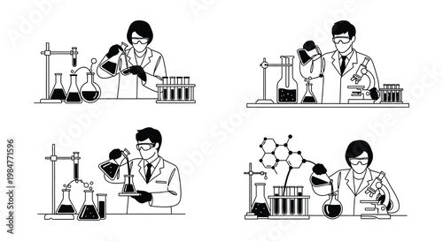 Scientists conducting experiments in a laboratory setting with various glassware