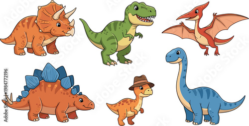 Cute cartoon dinosaur vector collection featuring Tyrannosaurus Rex Triceratops Stegosaurus Brachiosaurus and Pterodactyl illustrations for children educational books and nursery room wall art decor
