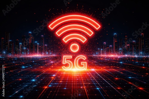 5g Wireless Technology Symbol Over Futuristic City in Bright Neon Glow