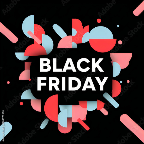 Black friday sale advertisement with abstract geometric shapes and bold text