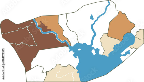 Minimal flat regional map vector with rivers and lakes clean design