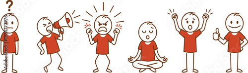 Stick figure people expressing various emotions and actions including anger shouting meditation confusion joy and success in a simple orange and white vector illustration style