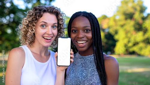 Two happy young women showing smartphone with blank screen in park, technology mockup concept, social media, communication and outdoor lifestyle portrait