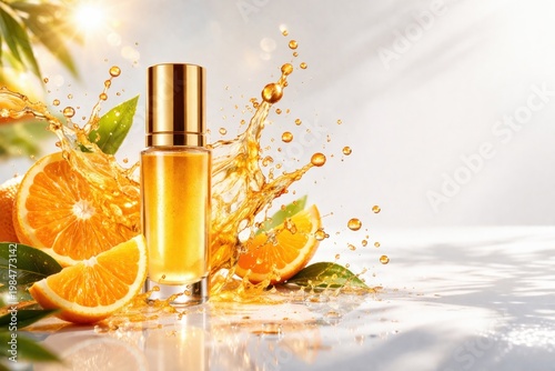 Glass perfume bottle with oranges and splashing liquid on light background, fresh citrus fragrance, natural beauty product, skincare concept, summer freshness.