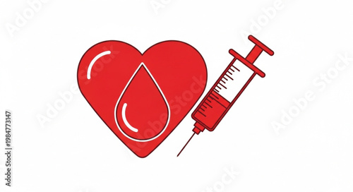 Red heart with blood drop and syringe medical symbol.