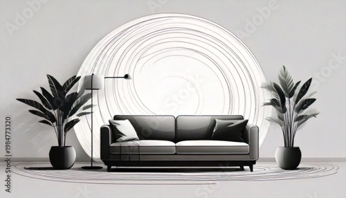 Modern Living Room Sofa With Plants And Lamp.