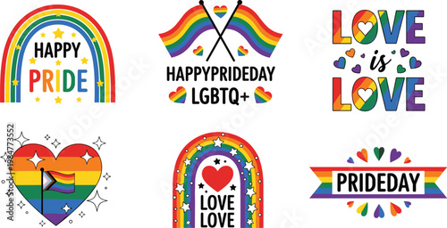 Colorful LGBTQ pride day vector set with rainbow hearts typography love is love symbols inclusive equality celebration illustrations
