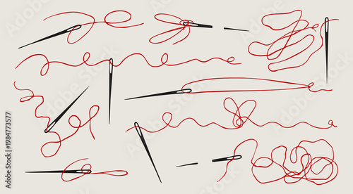 Black thin Needles, curvy tangled red Threads set. Various positions. Hand drawn Vector illustration. Tailor, sewing instrument, needlework, fashion concept. Isolated design elements 