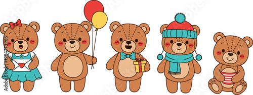 Cute Teddy Bear Characters Collection with Different Outfits and Accessories for Kids Illustration, Nursery Design, Cartoon Style, and Toy Graphics