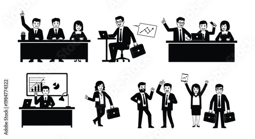 Black and white illustration depicting business success and celebratory teamwork