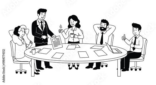 Black and white illustration depicting business success and celebratory teamwork