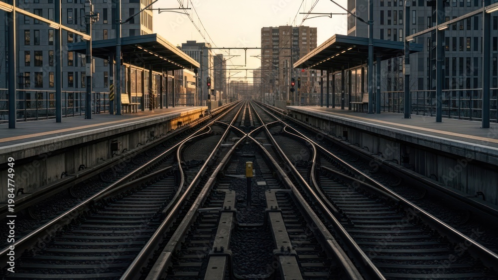 Fototapeta premium Perspective view of train tracks and platforms leading to city skyscrapers at sunset
