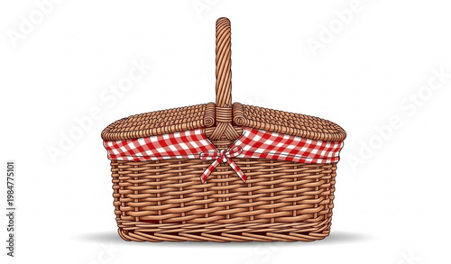 Wicker Picnic Basket with Checkered Lining Realistic Vector Illustration