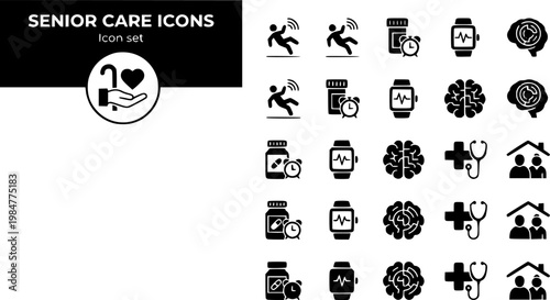 Senior Care Icon Set Falls Detection Medication Reminder Remote Monitoring Dementia Care Pathway Healthcare Senior Living Elder Health Vector Illustration