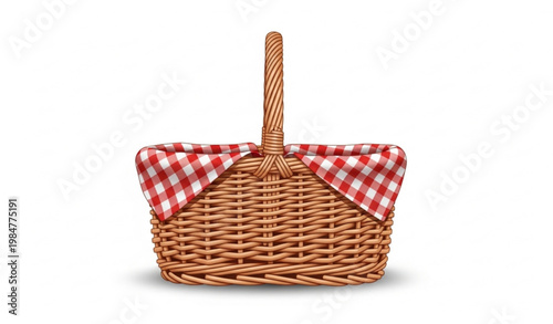Wicker Picnic Basket with Checkered Lining Realistic Vector Illustration