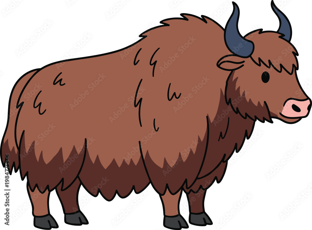 Obraz premium Yak Cartoon Illustration with Shaggy Fur and Curved Horns for Farm Animal Design, Mountain Livestock Concept, and Cute Wildlife Graphics