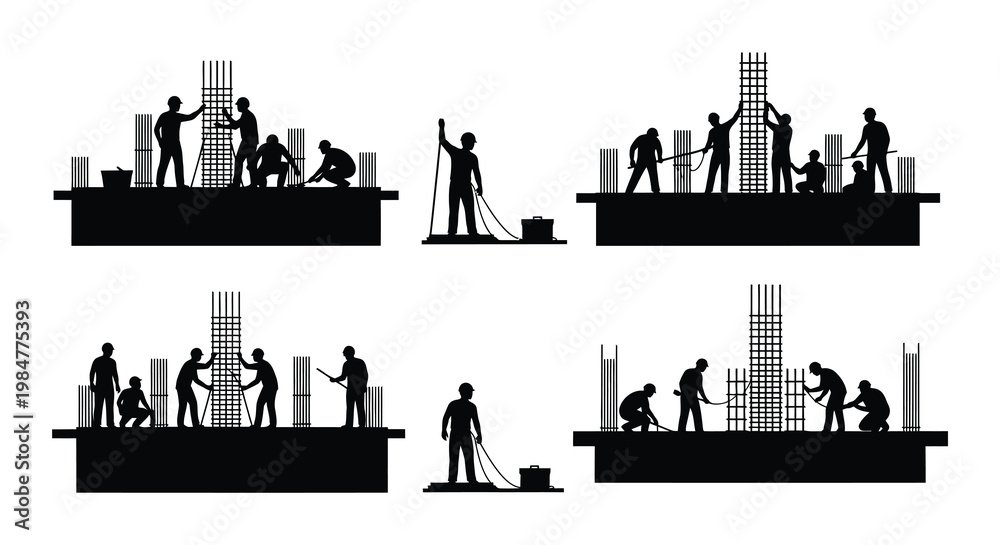 Fototapeta premium Construction workers building concrete structures depicted in a black silhouette style