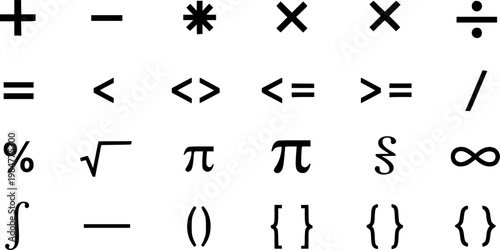 Math symbols icon set, basic mathematical symbols including plus and minus icon set, multiply icon collection, simple flat education and calculation symbols isolated on white background.