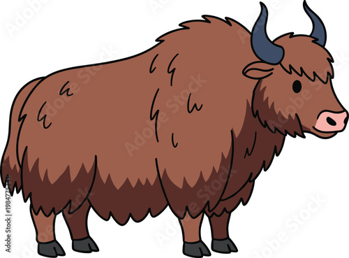 Yak Cartoon Illustration with Shaggy Fur and Curved Horns for Farm Animal Design, Mountain Livestock Concept, and Cute Wildlife Graphics