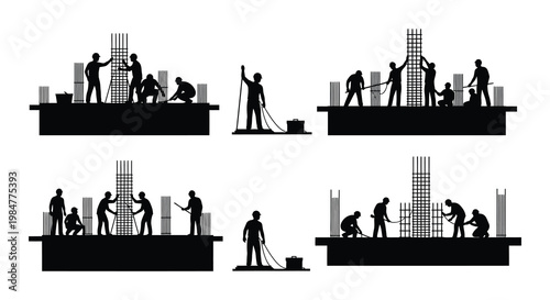 Construction workers building concrete structures depicted in a black silhouette style