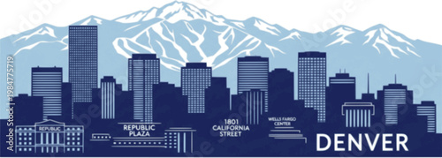 Denver Colorado skyline with Rocky Mountains and ski slopes, vector illustration showcasing urban cityscape,
