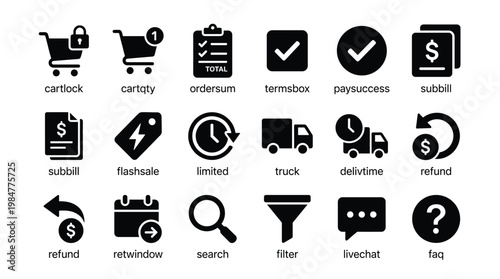 Collection of black ecommerce icons on for business and shopping