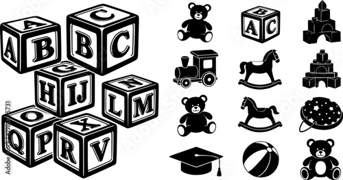 abc blocks child toy icons collection, 3d alphabet cube render illustrations for preschool learning, early childhood education, playful teaching tools, learning activities, and educational vector 