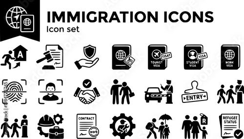 Immigration Icon Set Asylum Visa Category Biometric Enrollment Sponsorship Border Crossing Work Authorization Refugee Status Law Firm NGO Vector Illustration