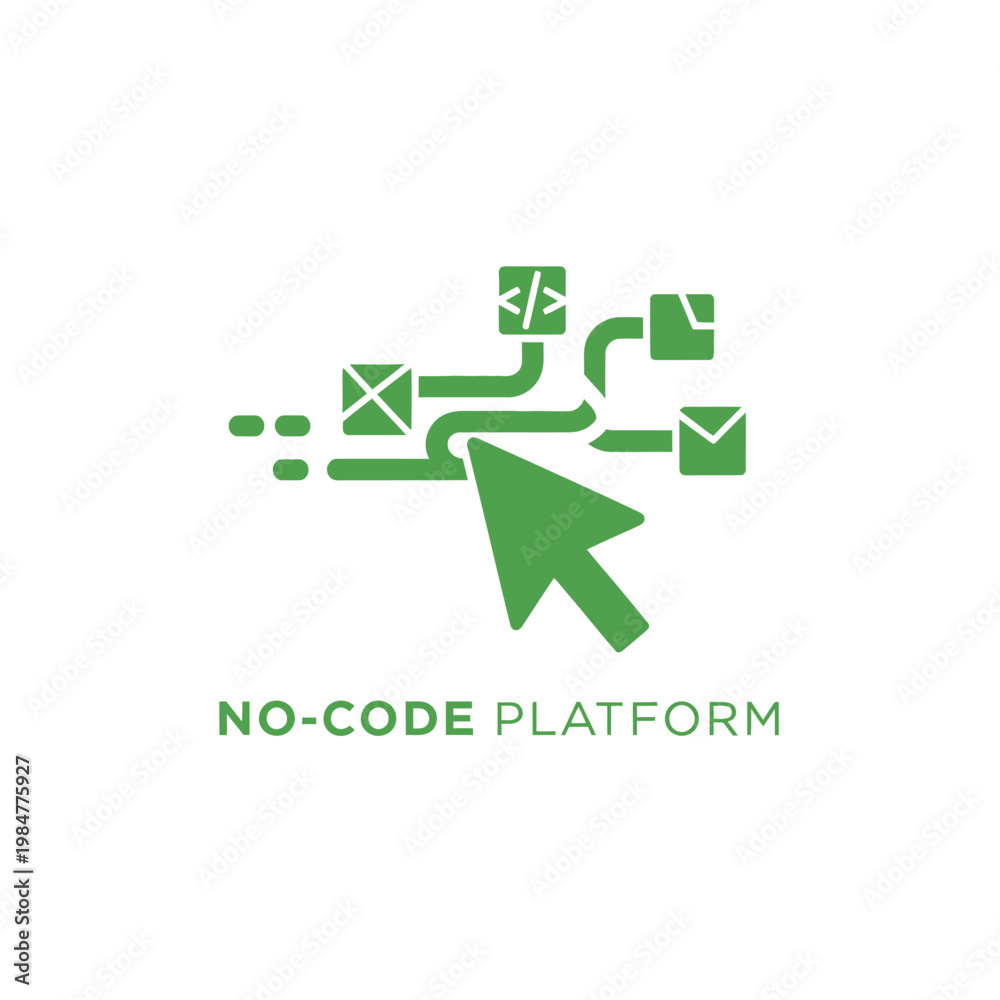 Fototapeta premium Green cursor pointing at flowchart elements representing no code platform.