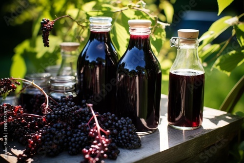Elderberry syrup bottles and freshly harvested berries on rustic wood outdoors