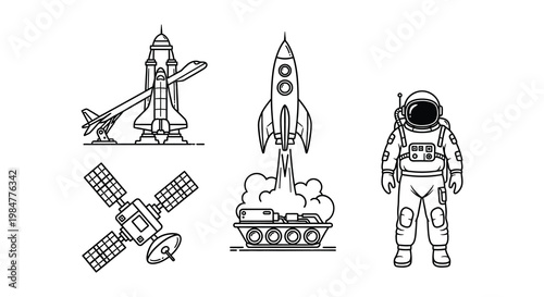 Space exploration elements rockets astronaut satellite and launch structure