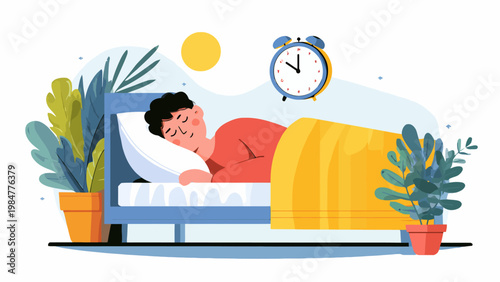 Peaceful slumber a person rests soundly in bed with an alarm clock and houseplants nearby