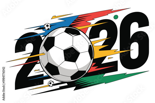 Dynamic soccer ball flying through year 2026 text with colorful motion streaks for upcoming major international football championship event