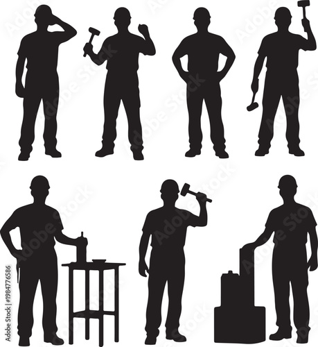 Silhouettes of construction workers with various tools on vector illustration