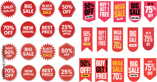 Collection of various discount sale labels and stickers for advertising promotions