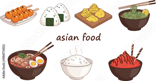 Asian food vector set including ramen sushi rice dumplings skewers and desserts isolated on white background illustration