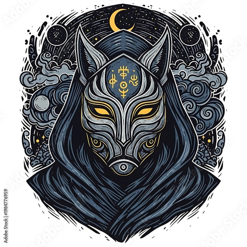 Mystic Fox Mask in Hooded Cloak with Celestial Background.