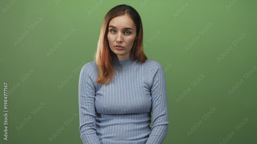 Fototapeta premium Woman sitting with closed eyes and downcast gaze in a studio setting, wearing a turtleneck sweater; contemplation solitude.