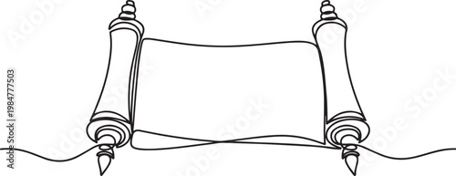 Ancient blank paper scroll with decorative handles drawn in a minimalist.one line drawing vector illustration