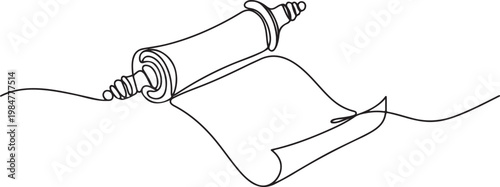 Ancient blank paper scroll with decorative handles drawn in a minimalist.one line drawing vector illustration