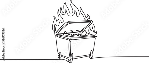 Burning trash dumpster drawn in continuous line art style, depicting a fiery waste container with an open lid and flames rising, rendered with a clean.one line drawing vector illustration