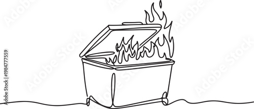 Burning trash dumpster drawn in continuous line art style, depicting a fiery waste container with an open lid and flames rising, rendered with a clean.one line drawing vector illustration
